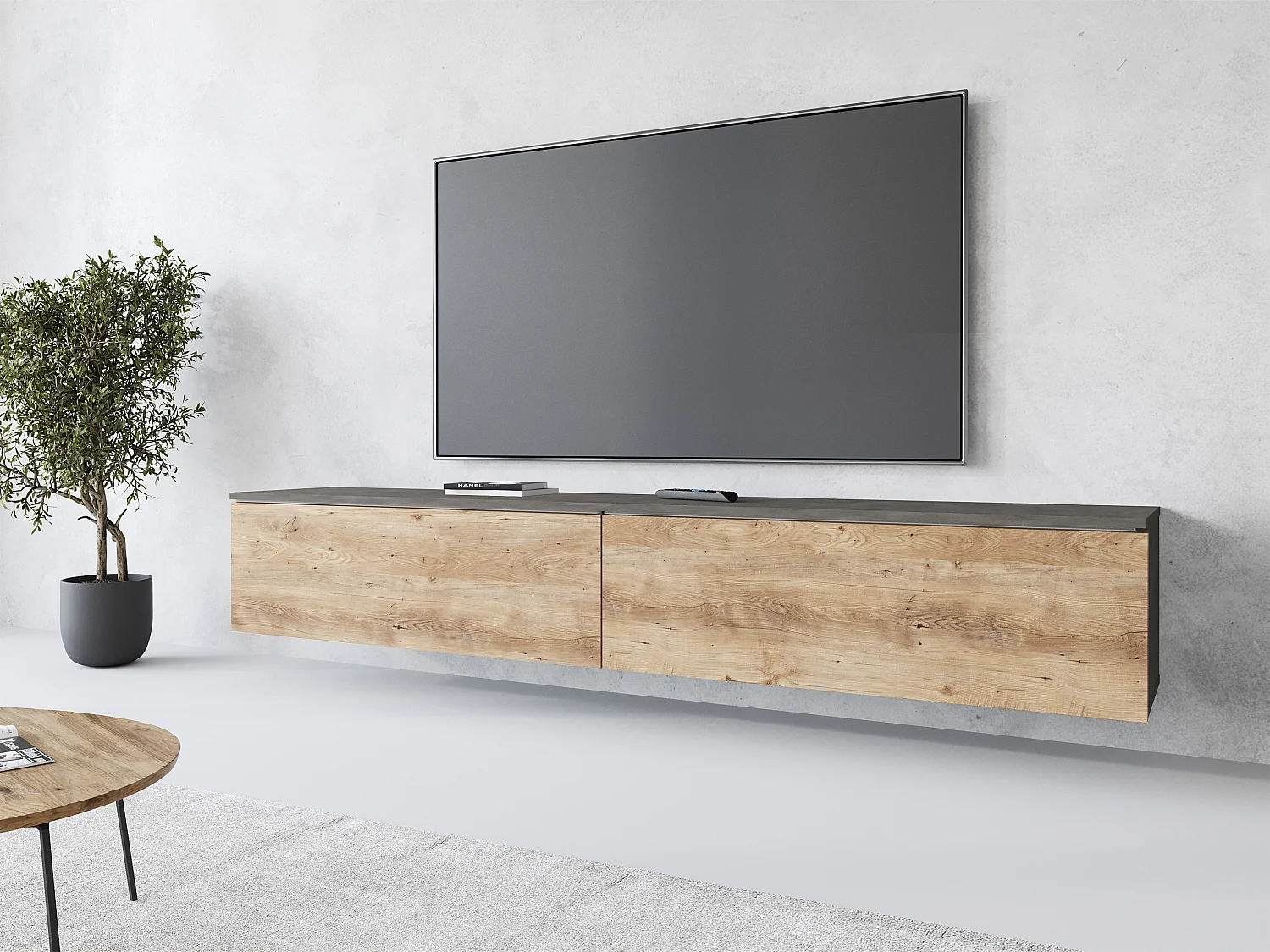 Meuble TV moderne 180 cm pour salon – 2 portes, sans poignées, finition mate, à poser ou à suspendre, matera / châtaignier breslau