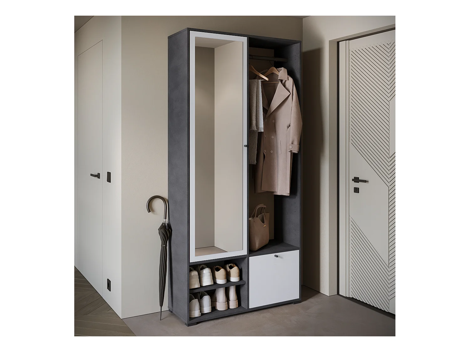 Armoire moderne 90 cm armoire dentrée avec miroir étagères et tringle mat matera blanc