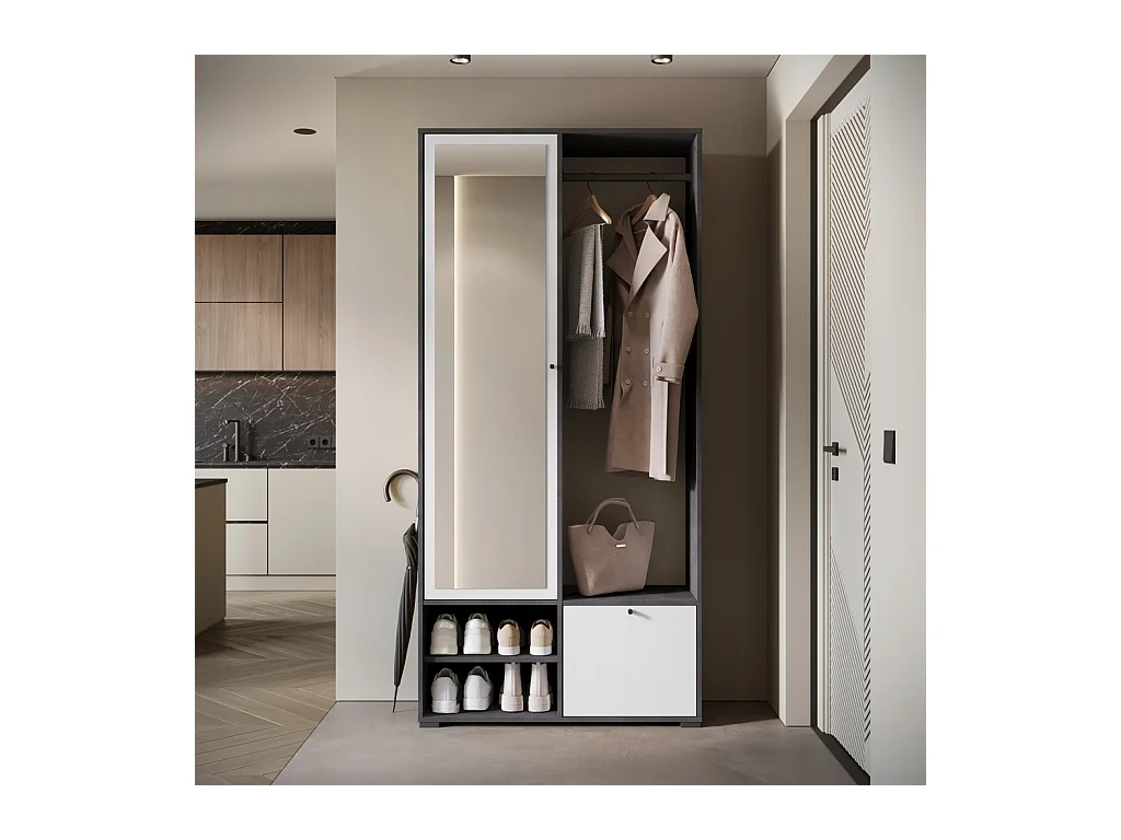 Armoire moderne 90 cm armoire dentrée avec miroir étagères et tringle mat matera blanc