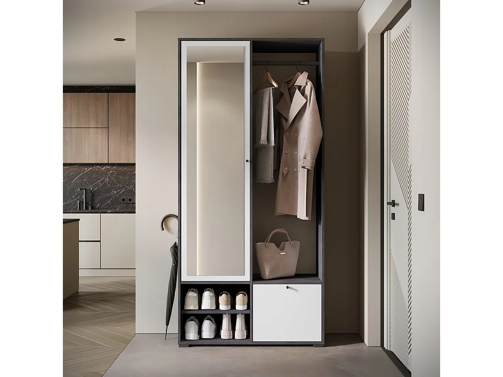 Garderobenschrank mit Spiegel DINO 90x190 cm, Flurmöbel, Schuhschrank, Garderobe mit Kleiderhaken, Farbe Matera/Weiß