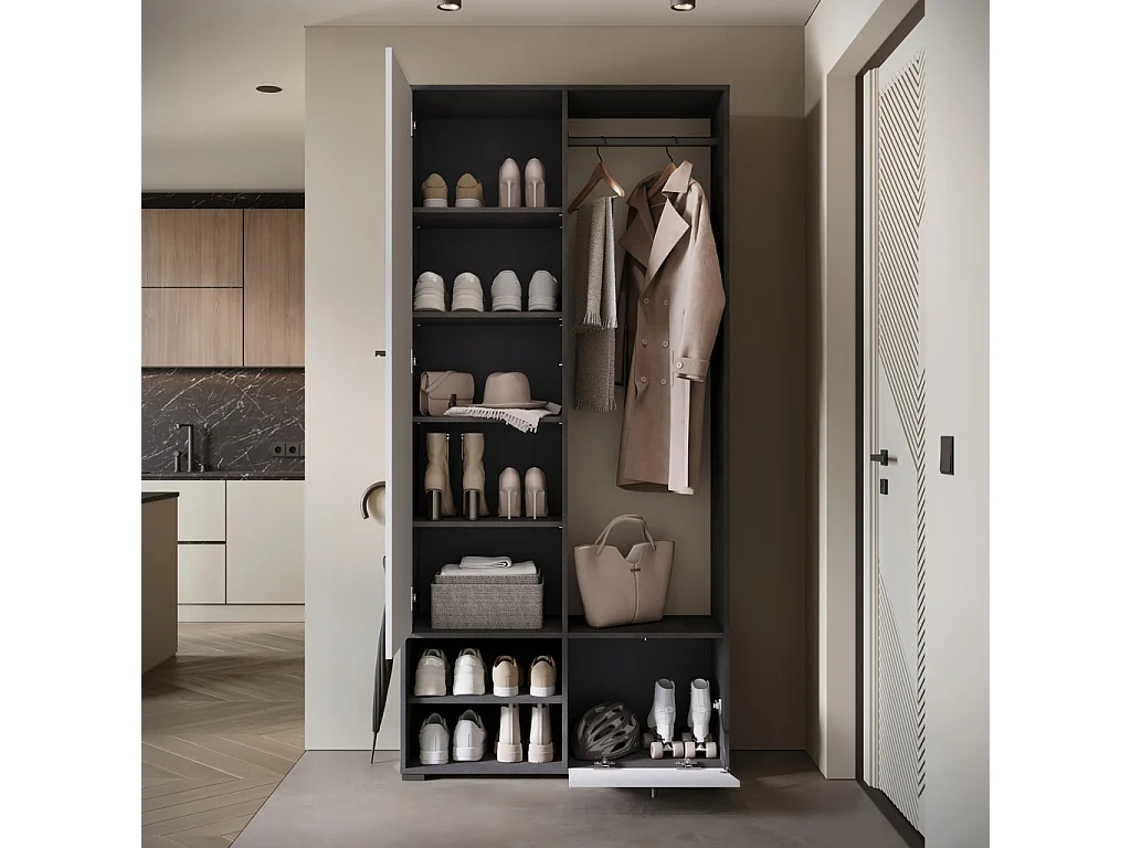 Garderobenschrank mit Spiegel DINO 90x190 cm, Flurmöbel, Schuhschrank, Garderobe mit Kleiderhaken, Farbe Matera/Weiß