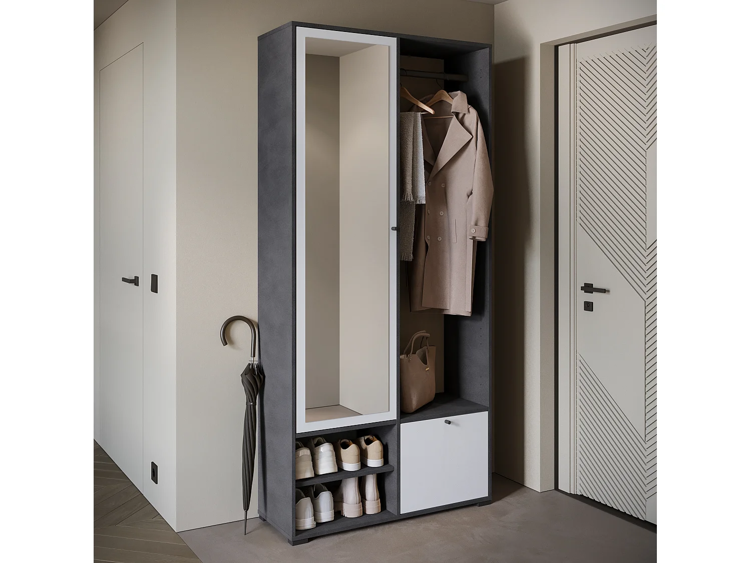 Garderobenschrank mit Spiegel DINO 90x190 cm, Flurmöbel, Schuhschrank, Garderobe mit Kleiderhaken, Farbe Matera/Weiß