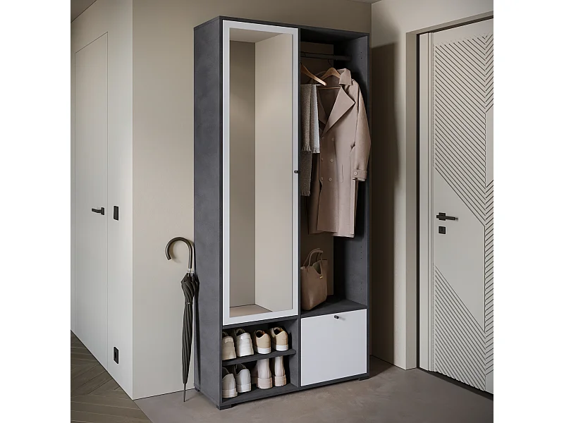 Armario moderno 90 cm armario de entrada con espejo estantes y barra mate matera blanco