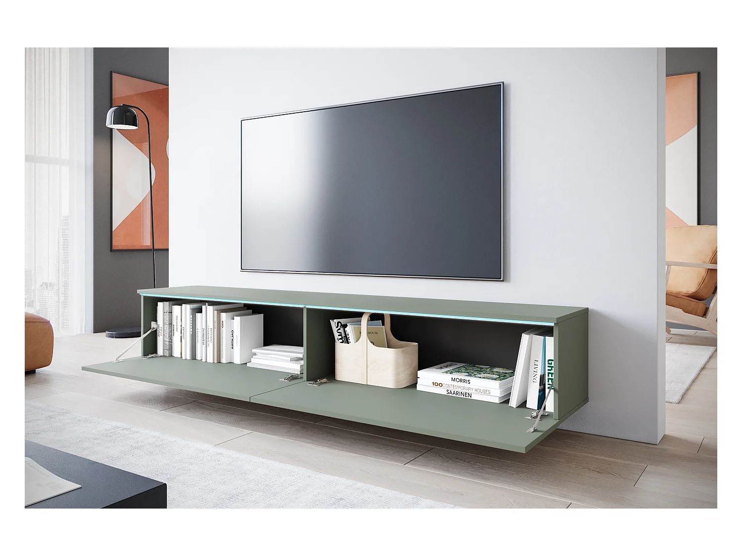 Moderne tv-meubel 180 cm voor de woonkamer – 2-deurs, greeploos, matte afwerking, staand of hangend, mistgroen