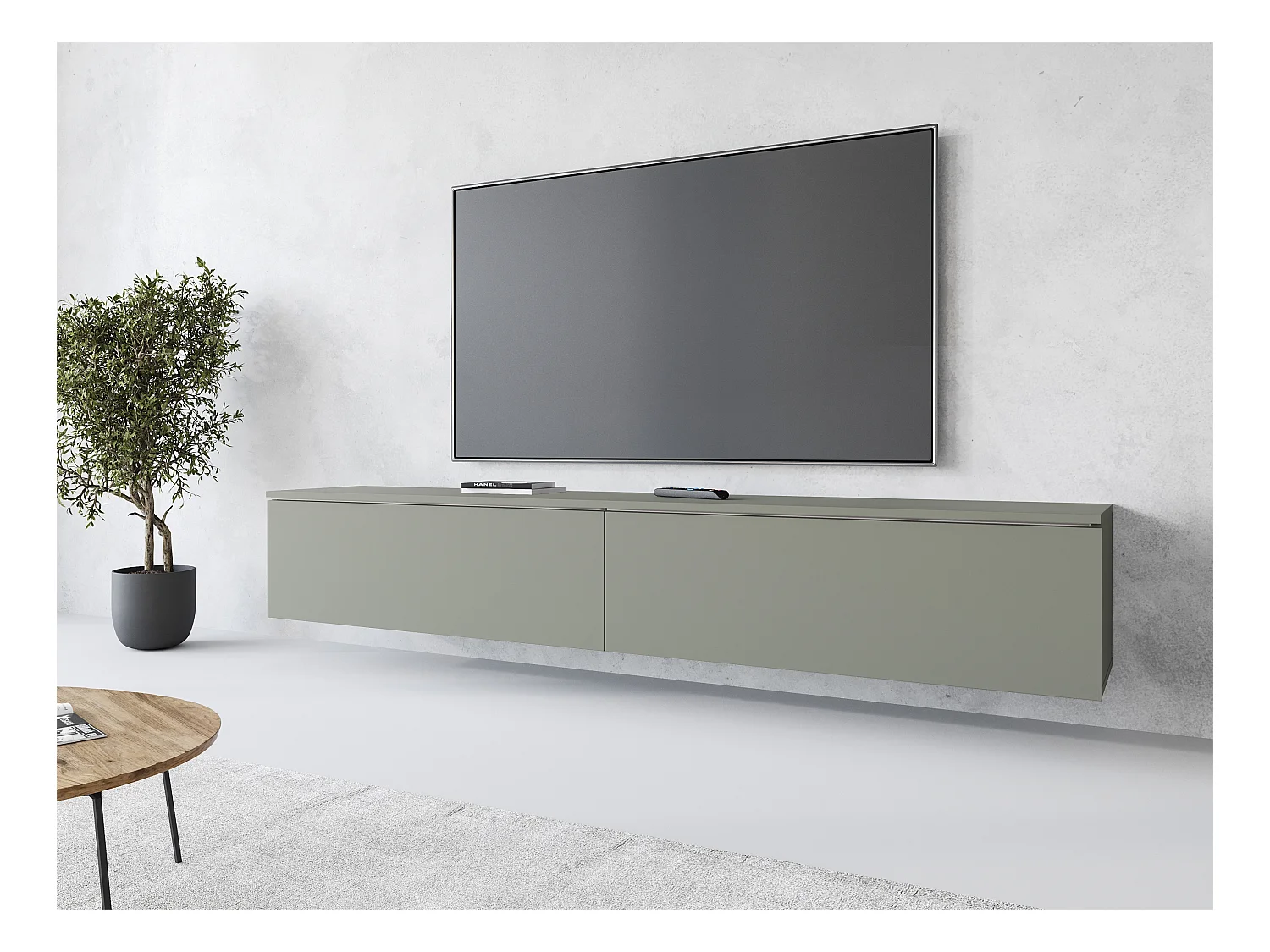 Meuble TV moderne 180 cm pour salon – 2 portes, sans poignées, finition mate, à poser ou à suspendre, vert brumeux