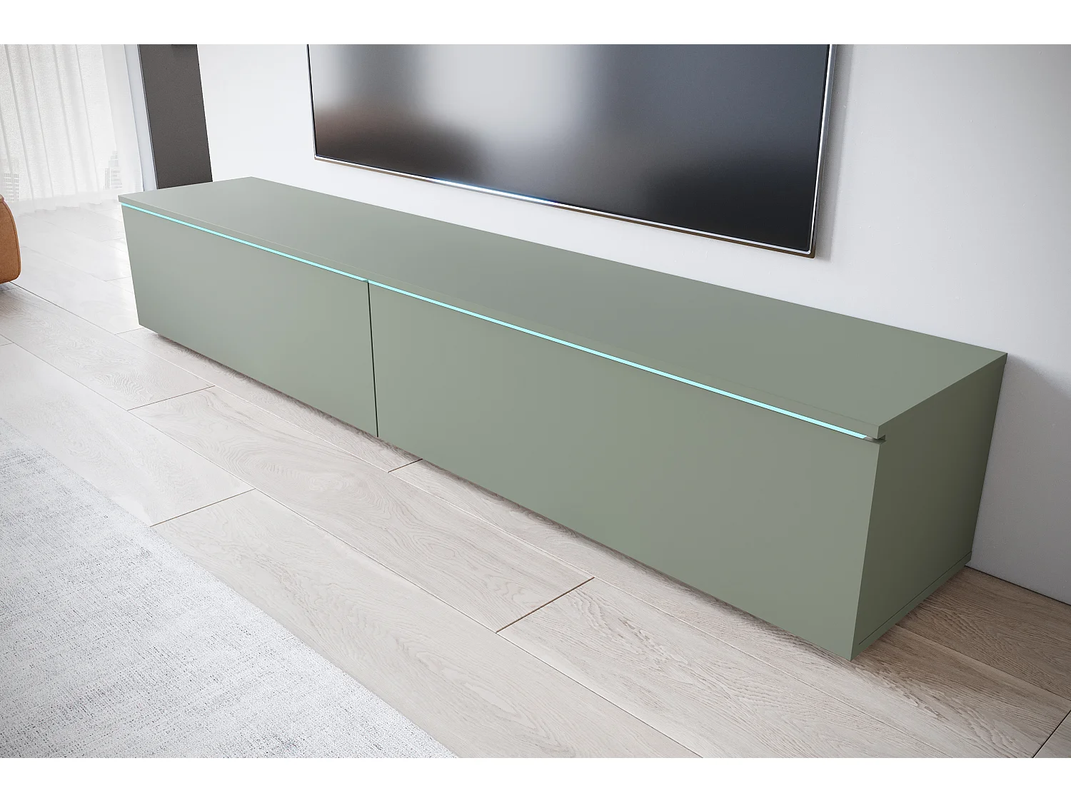 Meuble TV moderne 180 cm pour salon – 2 portes, sans poignées, finition mate, à poser ou à suspendre, vert brumeux