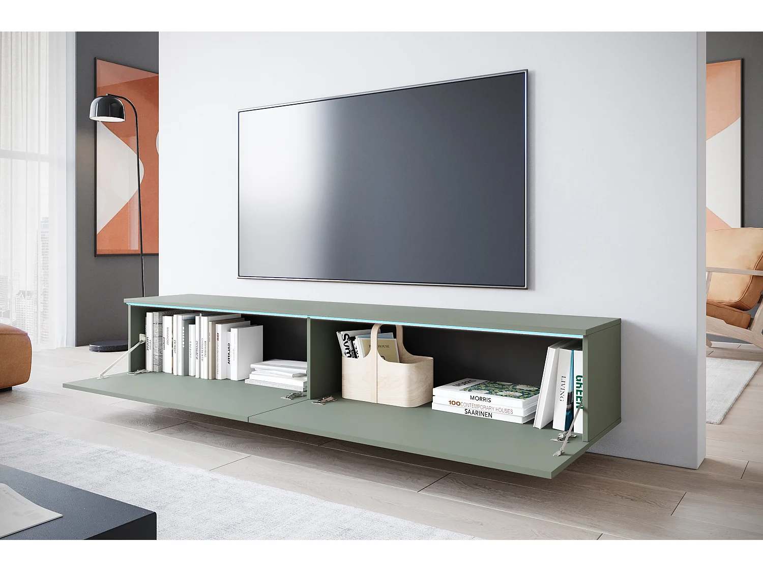 Meuble TV moderne 180 cm pour salon – 2 portes, sans poignées, finition mate, à poser ou à suspendre, vert brumeux