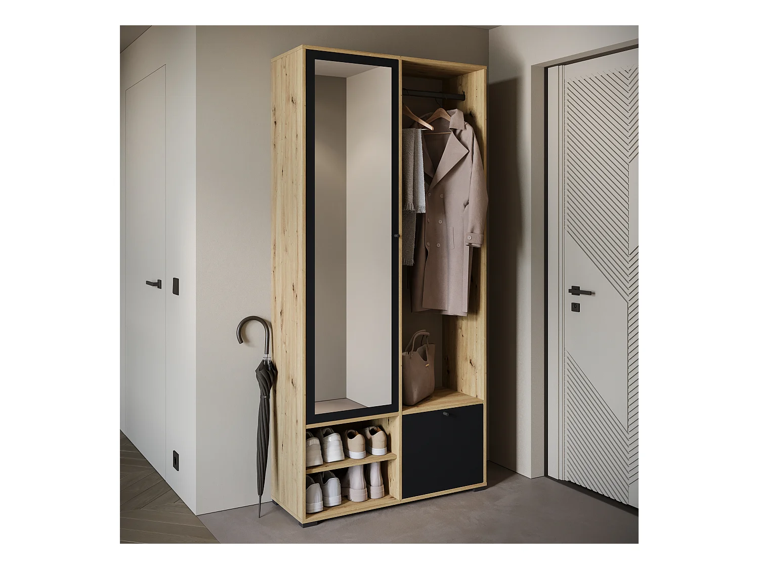 Armoire moderne 90 cm armoire dentrée avec miroir étagères et tringle mat artisan graphite noir