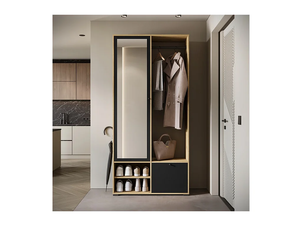 Armoire moderne 90 cm armoire dentrée avec miroir étagères et tringle mat artisan graphite noir