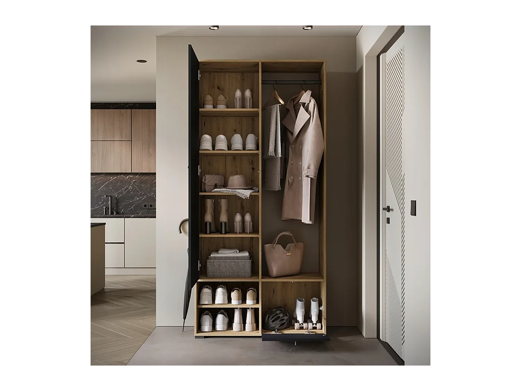 Armoire moderne 90 cm armoire dentrée avec miroir étagères et tringle mat artisan graphite noir