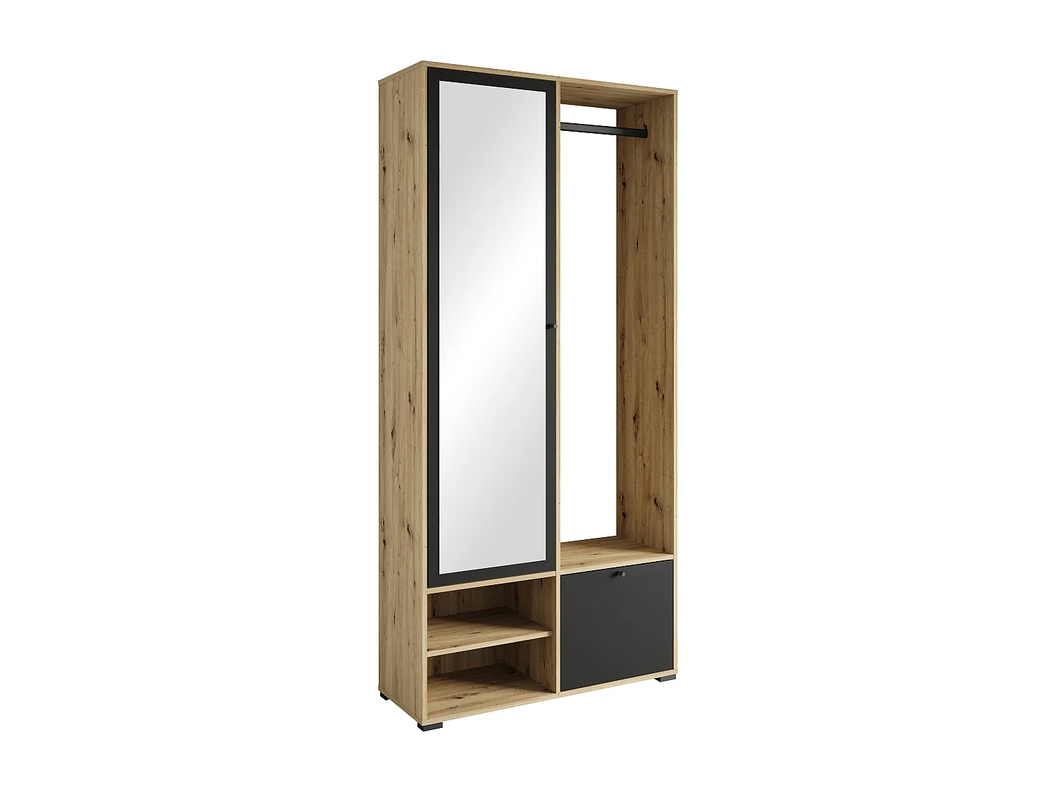Moderne garderobekast 90 cm hal kast met spiegel planken en roede mat artisan zwart grafiet