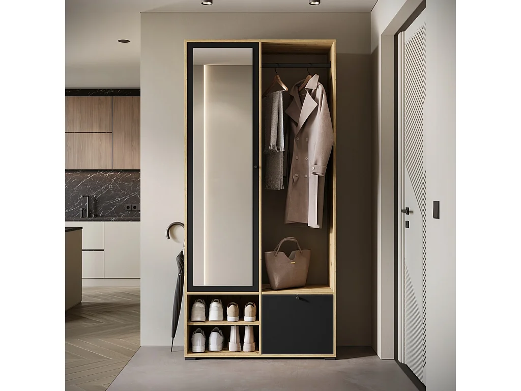 Moderne garderobekast 90 cm hal kast met spiegel planken en roede mat artisan zwart grafiet