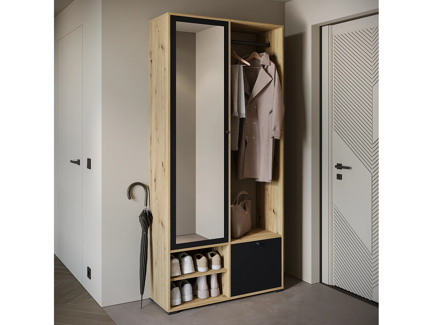 Moderne garderobekast 90 cm hal kast met spiegel planken en roede mat artisan zwart grafiet