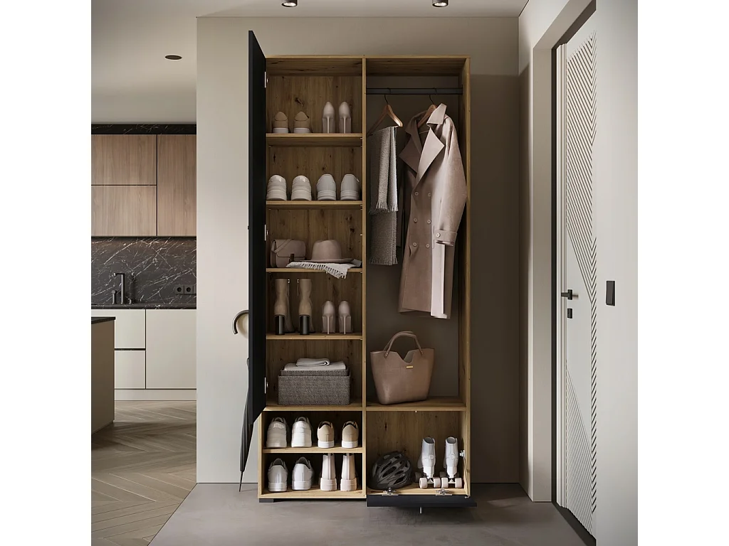 Moderne garderobekast 90 cm hal kast met spiegel planken en roede mat artisan zwart grafiet
