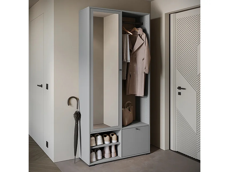 Guarda roupa moderna 90 cm roupeiro de entrada com espelho prateleiras e varão mate cinzento pallad