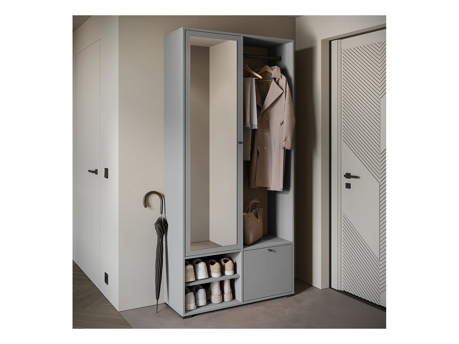 Armoire moderne 90 cm armoire dentrée avec miroir étagères et tringle mat pallad gris