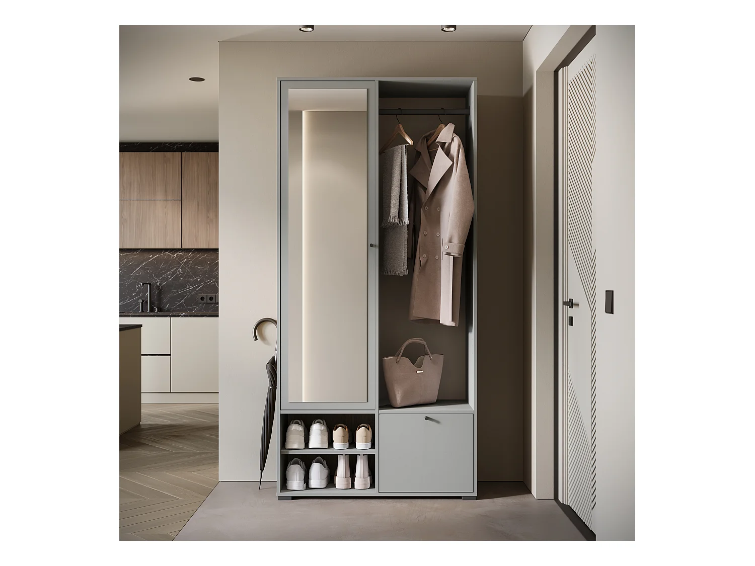 Armoire moderne 90 cm armoire dentrée avec miroir étagères et tringle mat pallad gris