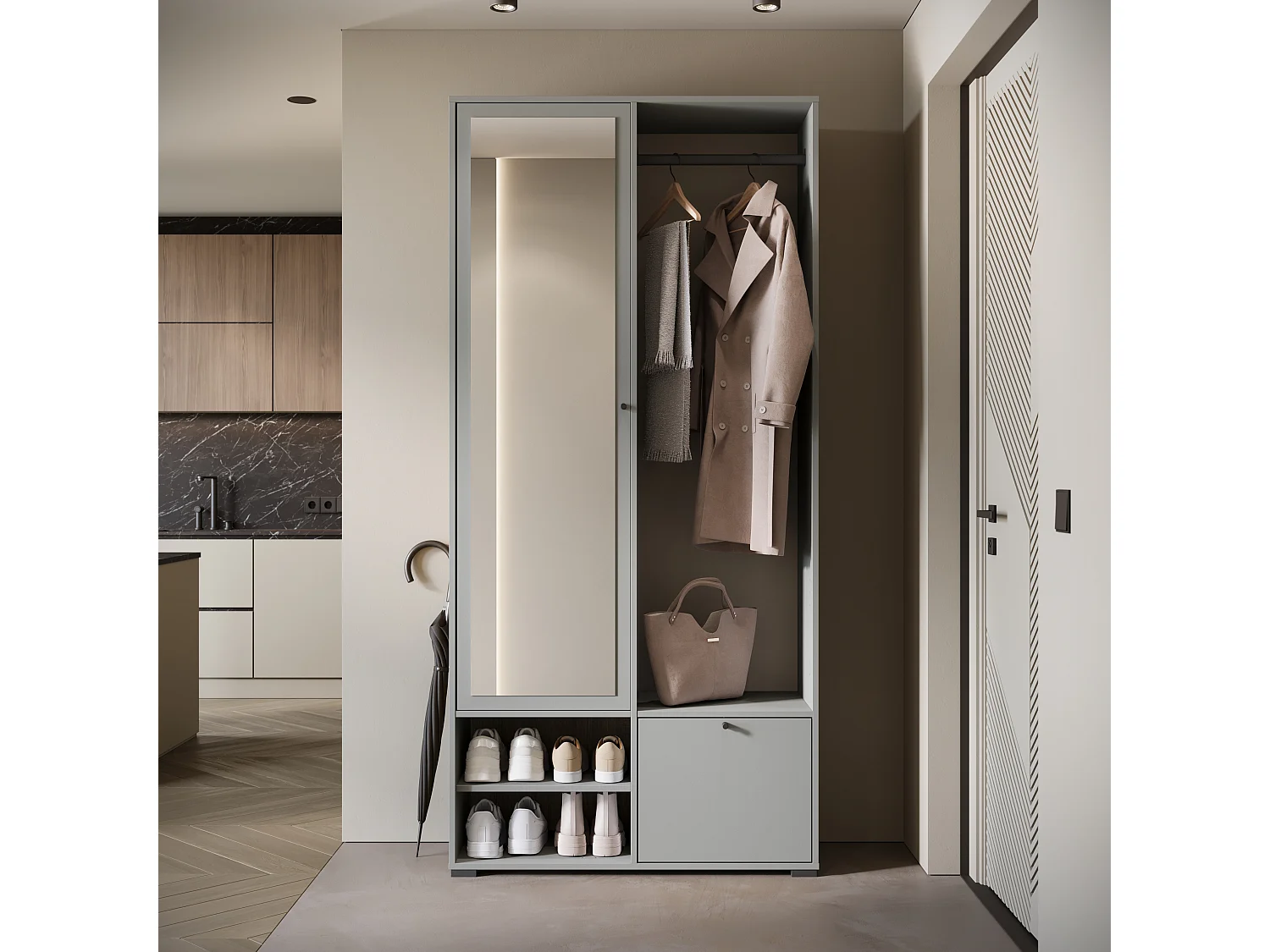 Armoire moderne 90 cm armoire dentrée avec miroir étagères et tringle mat pallad gris