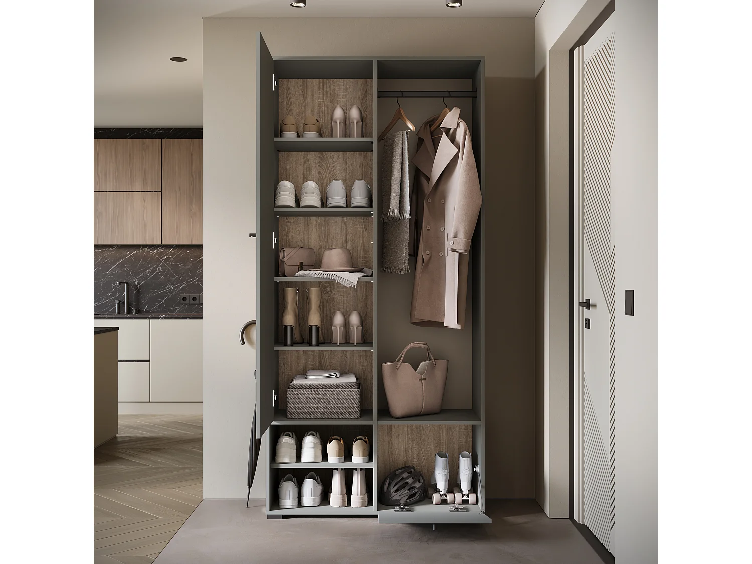 Armoire moderne 90 cm armoire dentrée avec miroir étagères et tringle mat pallad gris