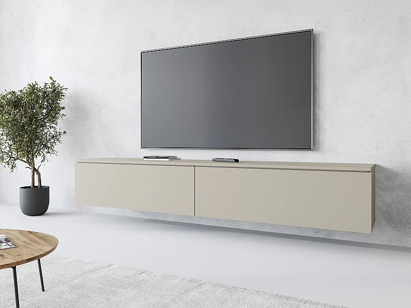 Móvel de TV moderno 180 cm para sala – 2 portas, sem puxadores, acabamento mate, de chão ou suspenso, bege caxemira
