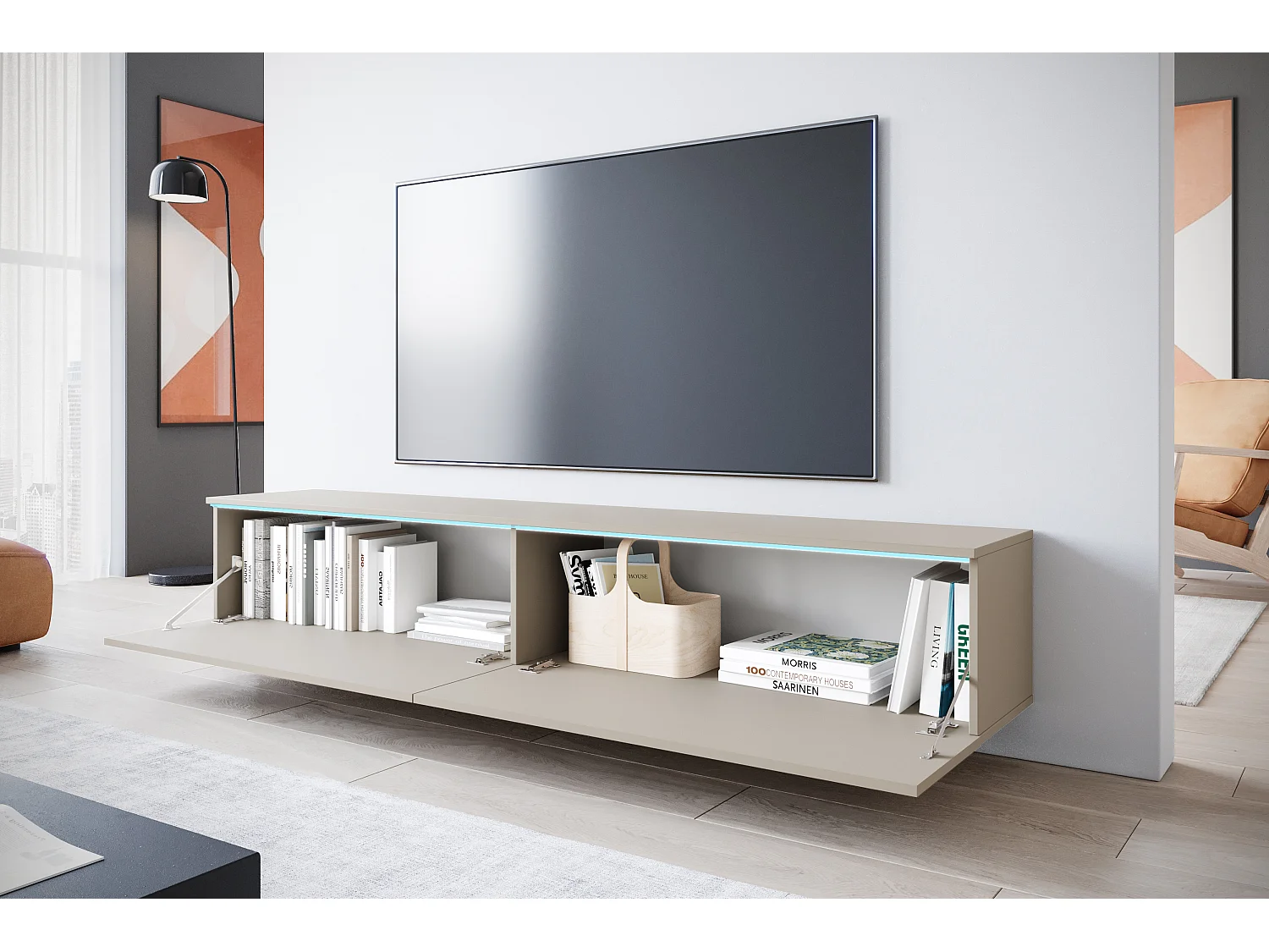 Meuble TV moderne 180 cm pour salon – 2 portes, sans poignées, finition mate, à poser ou à suspendre, beige cachemire