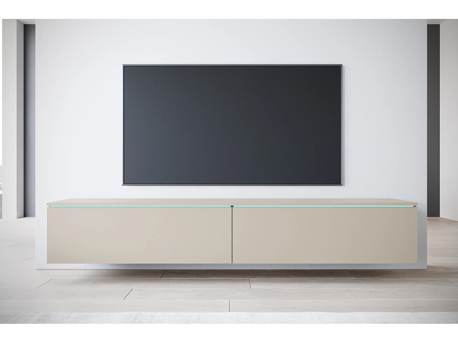 Meuble TV moderne 180 cm pour salon – 2 portes, sans poignées, finition mate, à poser ou à suspendre, beige cachemire
