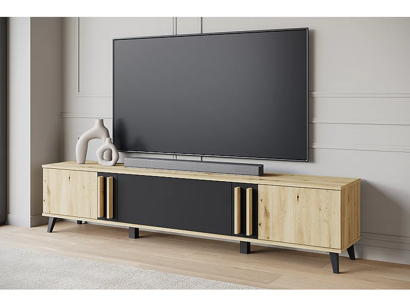 Mueble de TV 180 cm con patas para salón – lowboard moderno con tres puertas abatibles, artisan, negro mate
