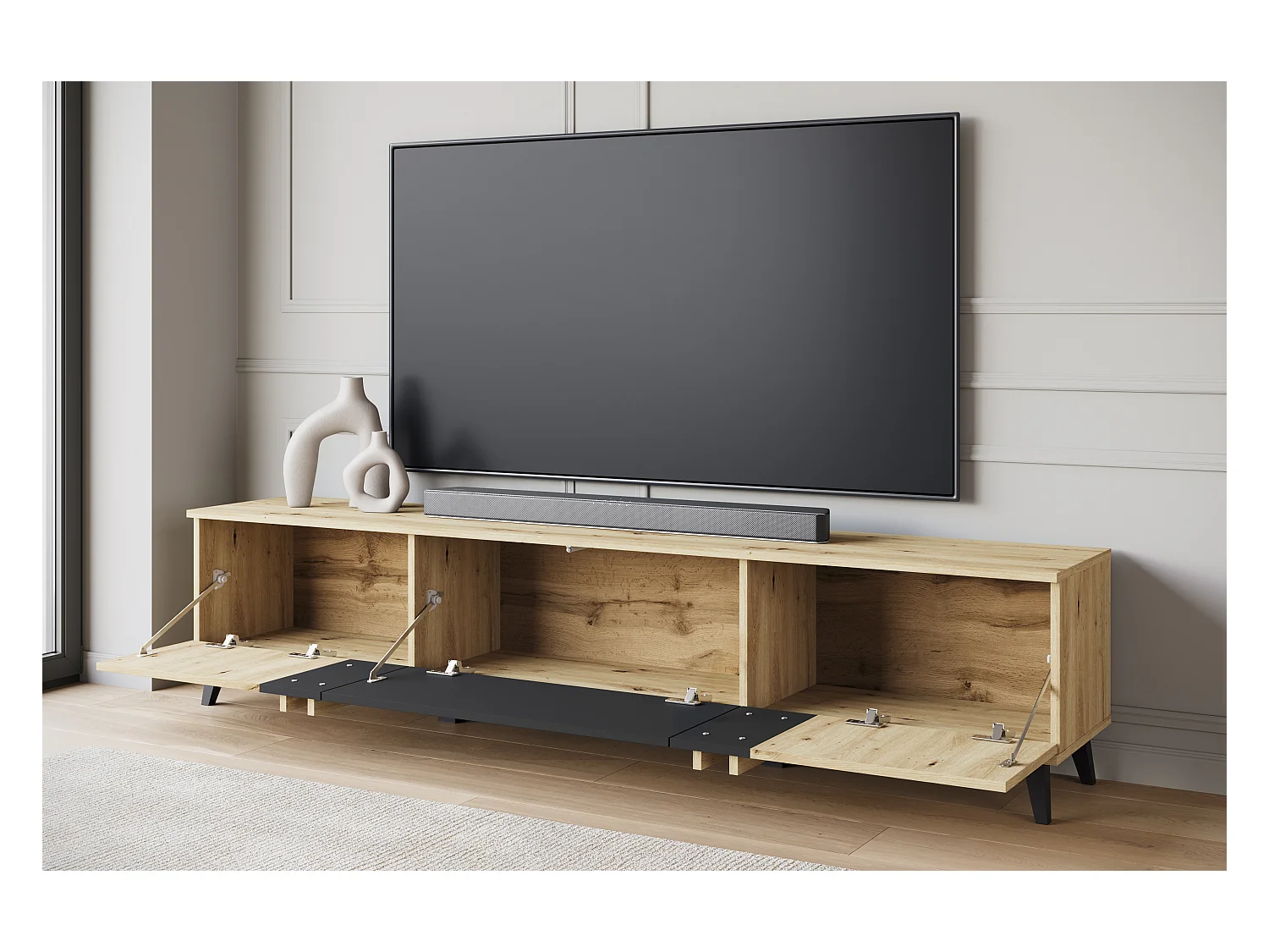 Meuble TV 180 cm sur pieds pour salon – lowboard moderne avec trois abattants, artisan, noir mat