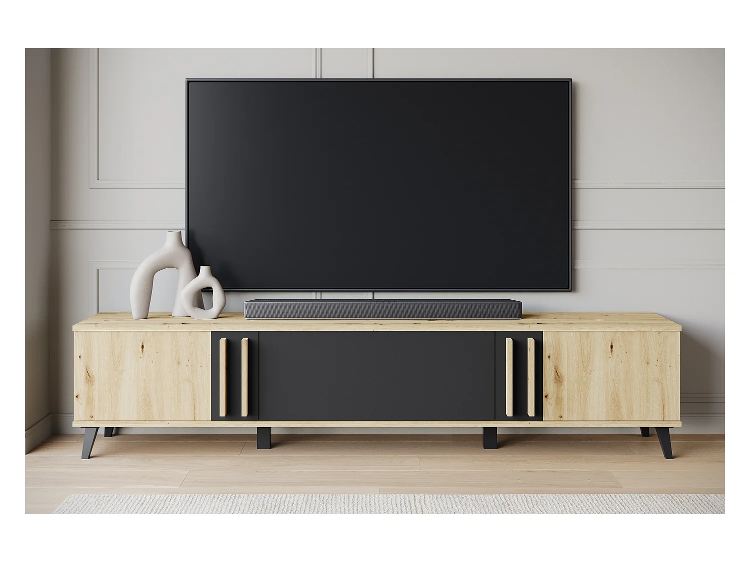 Meuble TV 180 cm sur pieds pour salon – lowboard moderne avec trois abattants, artisan, noir mat