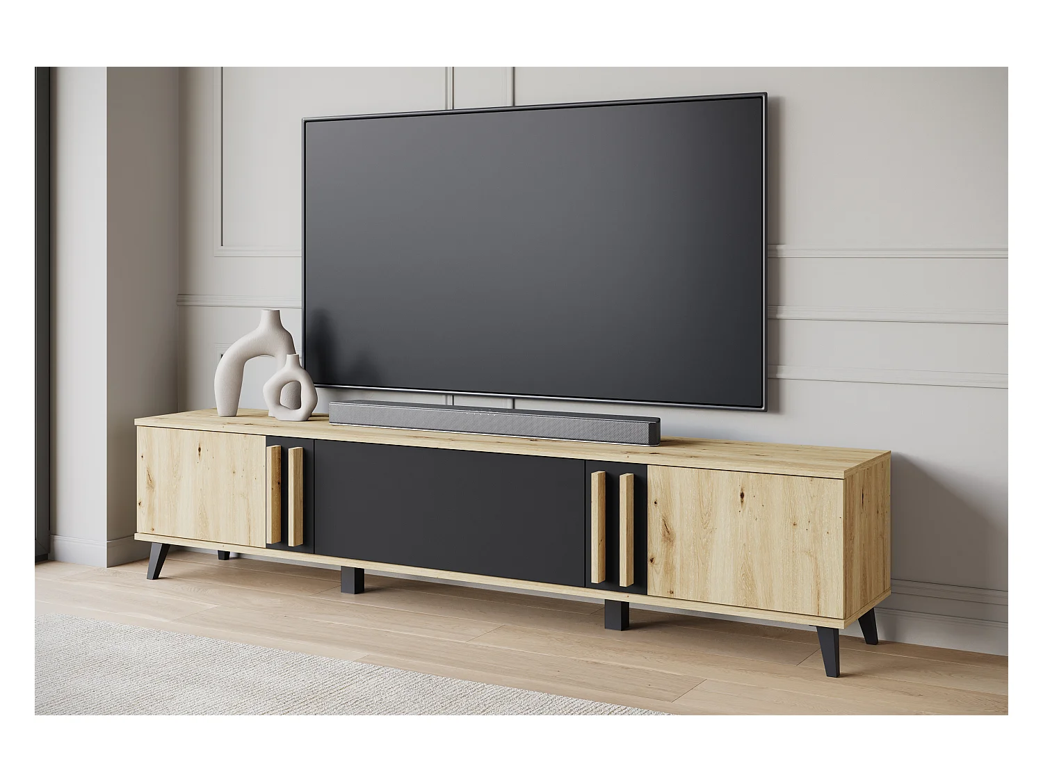 Meuble TV 180 cm sur pieds pour salon – lowboard moderne avec trois abattants, artisan, noir mat
