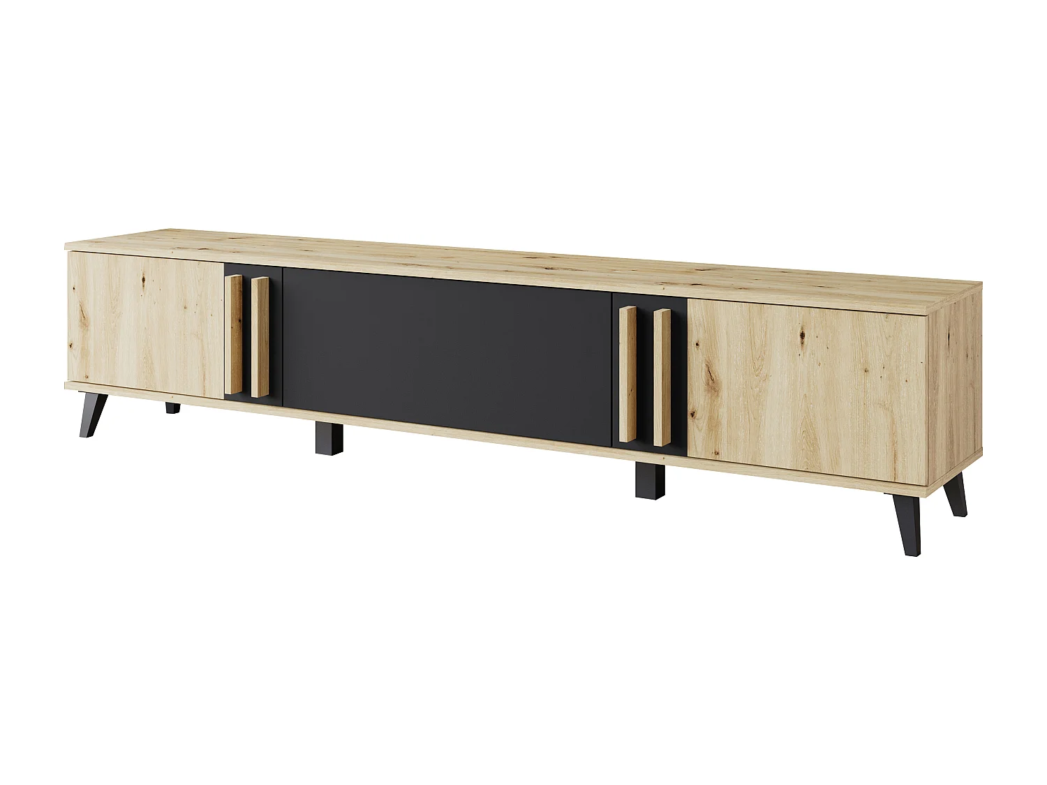 TV-meubel 180 cm op poten voor woonkamer – moderne lowboard met drie kleppen, artisan, zwart mat