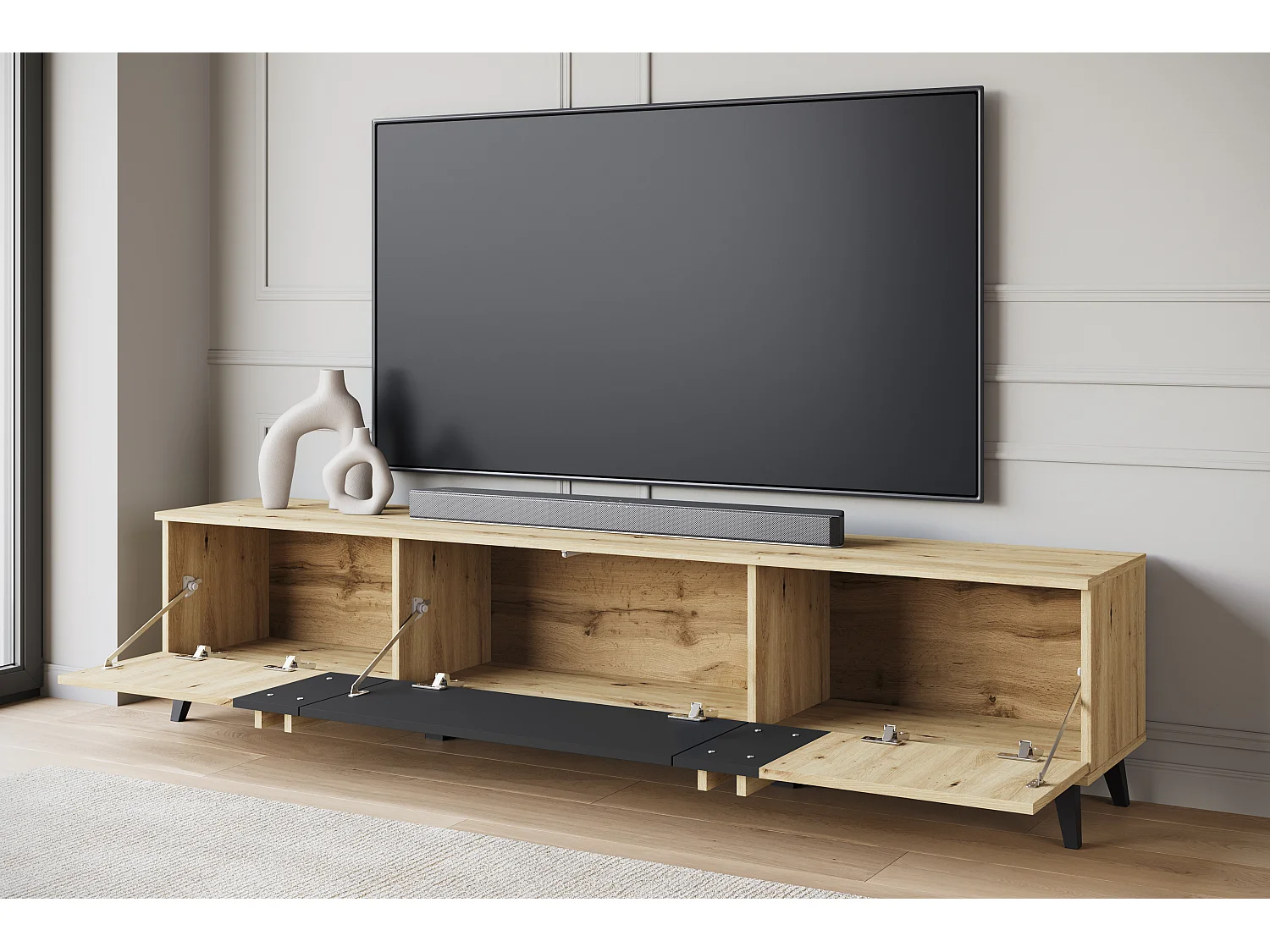 TV-meubel 180 cm op poten voor woonkamer – moderne lowboard met drie kleppen, artisan, zwart mat