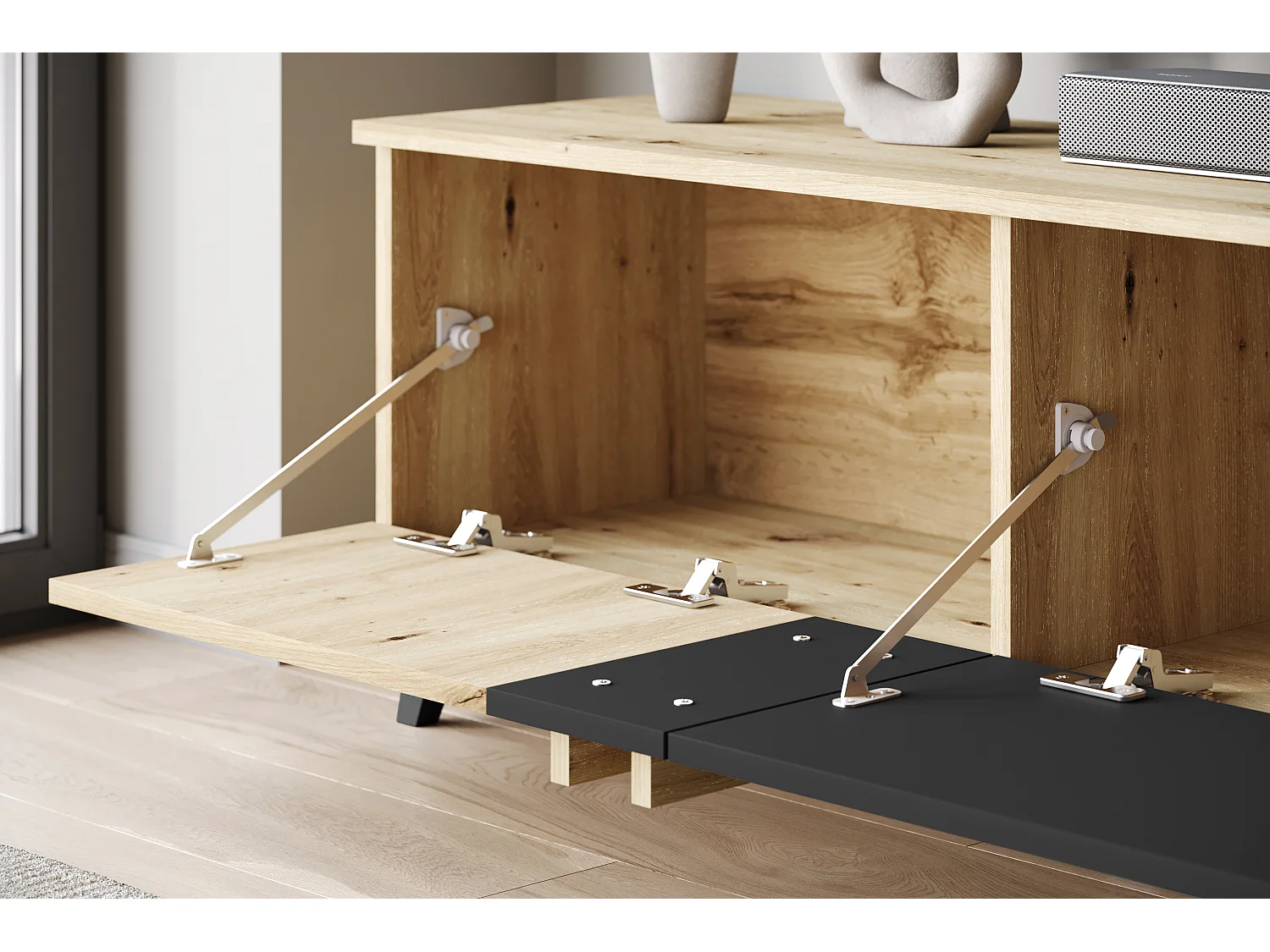 TV-meubel 180 cm op poten voor woonkamer – moderne lowboard met drie kleppen, artisan, zwart mat