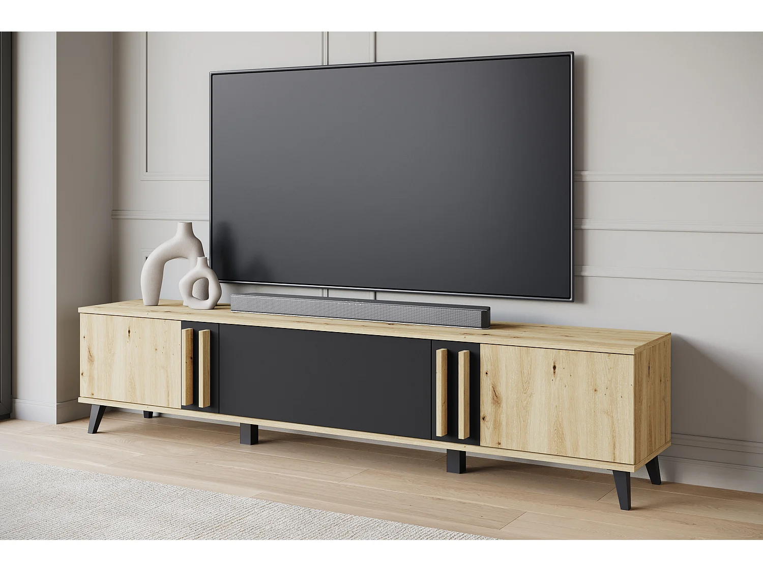 TV-bänk HELSINKI 180 cm, TV-möbel med höga ben, vardagsrumsmöbler, färg ek artisan