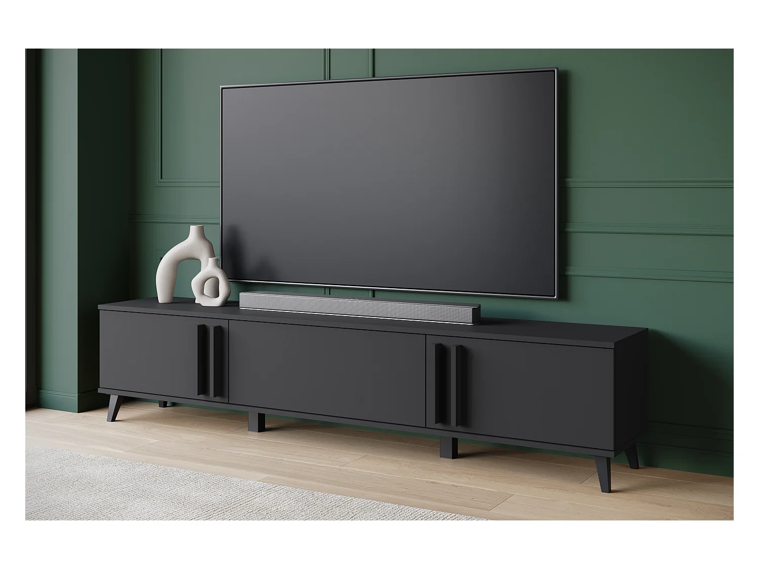 Meuble TV 180 cm sur pieds pour salon – lowboard moderne avec trois abattants, noir mat