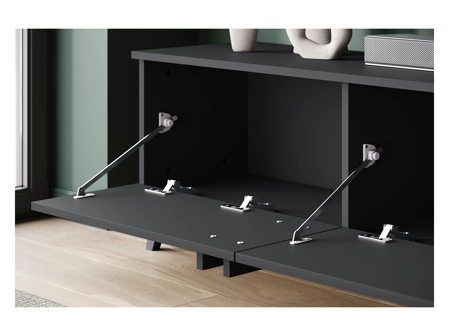 Meuble TV 180 cm sur pieds pour salon – lowboard moderne avec trois abattants, noir mat