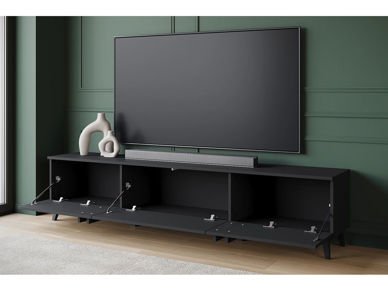 Meuble TV 180 cm sur pieds pour salon – lowboard moderne avec trois abattants, noir mat