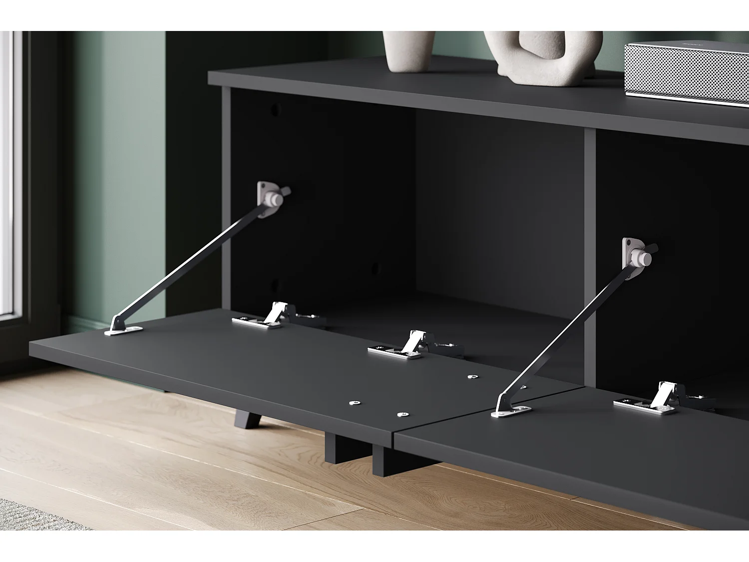 Meuble TV 180 cm sur pieds pour salon – lowboard moderne avec trois abattants, noir mat