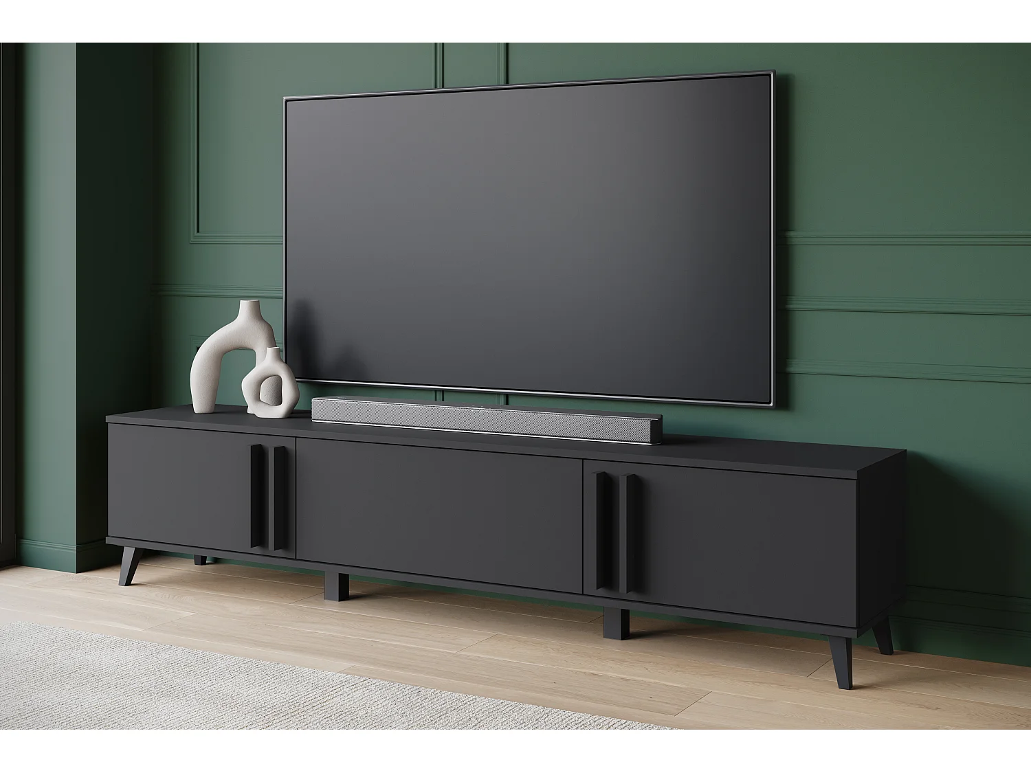 TV-meubel 180 cm op poten voor woonkamer – moderne lowboard met drie kleppen, zwart mat