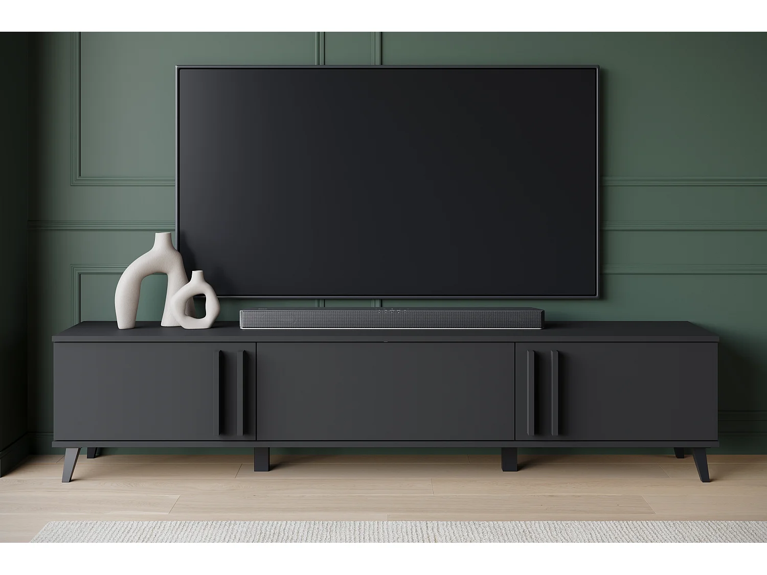 TV-meubel 180 cm op poten voor woonkamer – moderne lowboard met drie kleppen, zwart mat