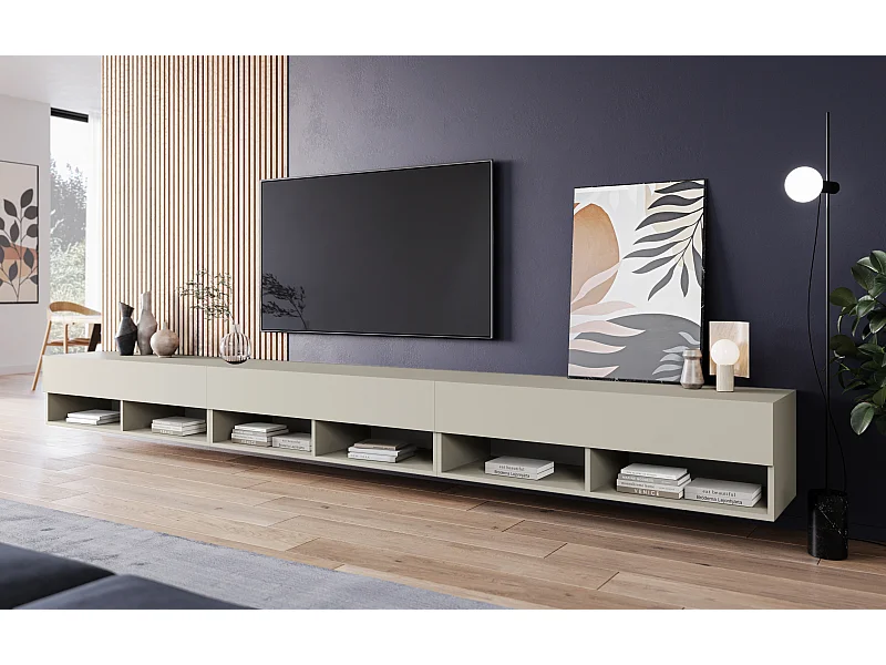 Mueble de TV moderno 300 cm – sin tiradores, color beige cachemira, mate, de pie o colgado