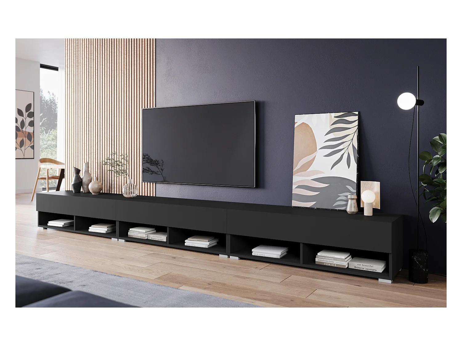 Meuble TV moderne 300 cm – sans poignées, coloris noir, mat, posé ou suspendu