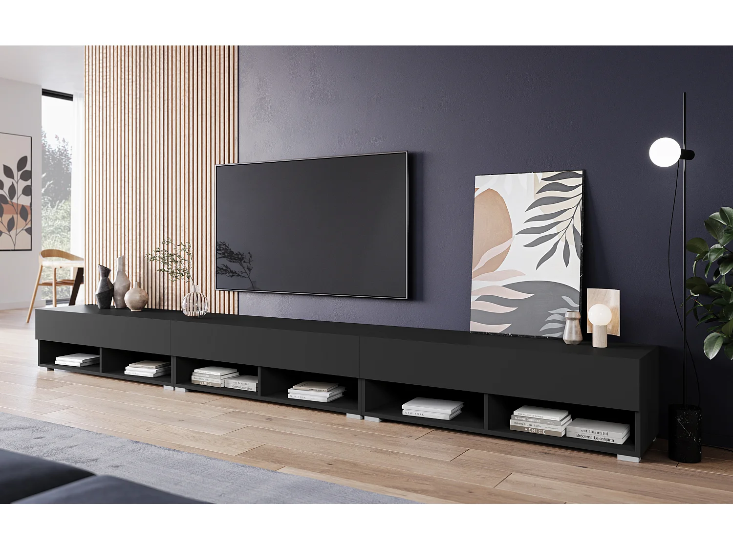 Meuble TV moderne 300 cm – sans poignées, coloris noir, mat, posé ou suspendu