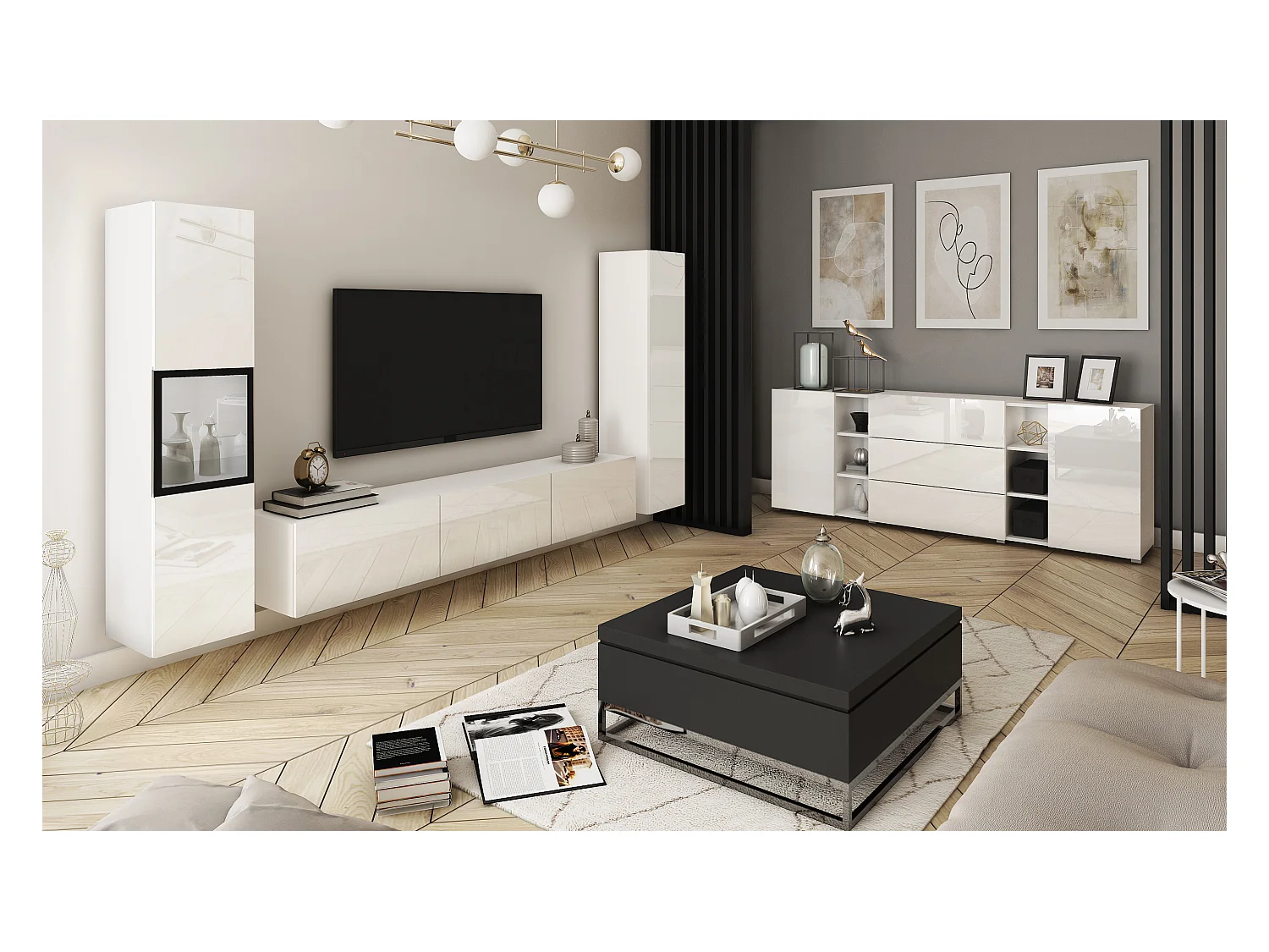 Mur TV moderne ensemble suspendu et posé avec meuble TV 180 cm vitrine et colonne, caisson blanc mat, façades blanc brillant