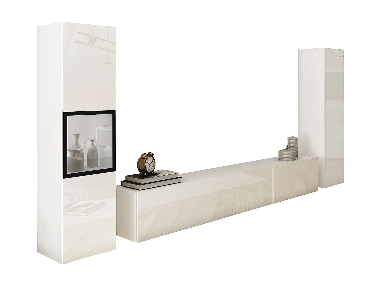 Mur TV moderne ensemble suspendu et posé avec meuble TV 180 cm vitrine et colonne, caisson blanc mat, façades blanc brillant