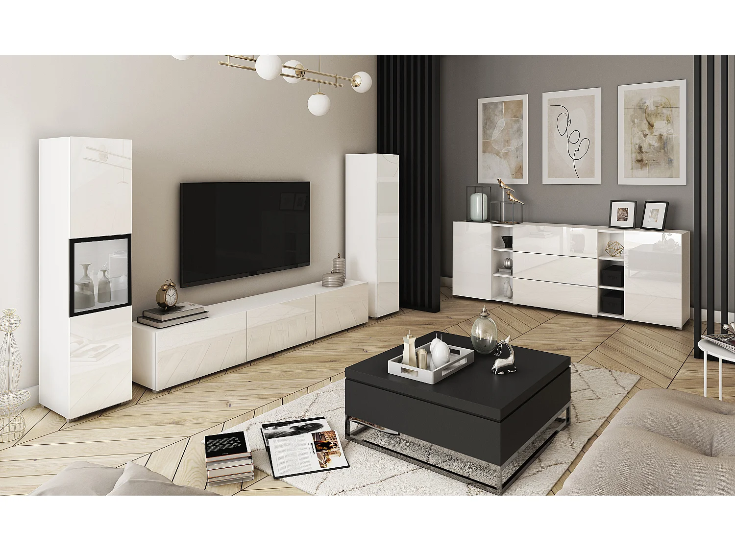 Mur TV moderne ensemble suspendu et posé avec meuble TV 180 cm vitrine et colonne, caisson blanc mat, façades blanc brillant