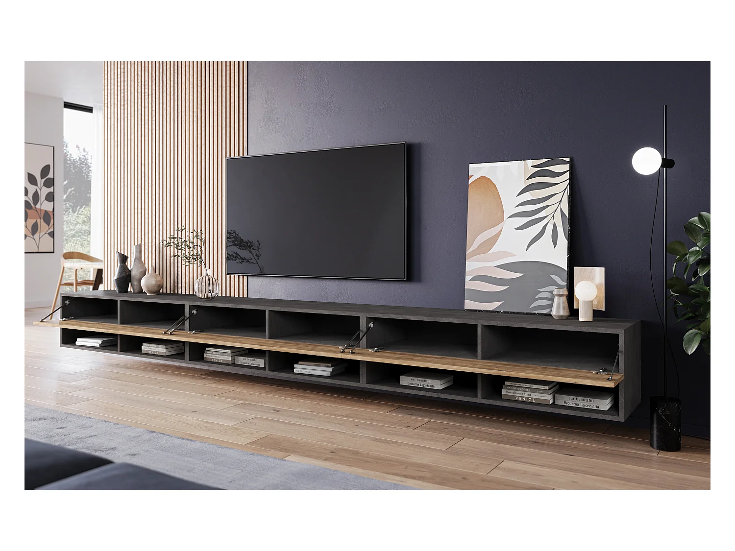 Meuble TV moderne 300 cm – sans poignées, corps anthracite Matera, façades châtaignier, mat, posé ou suspendu