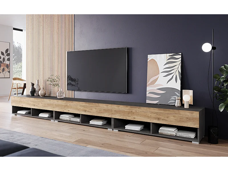 Meuble TV moderne 300 cm – sans poignées, corps anthracite Matera, façades châtaignier, mat, posé ou suspendu