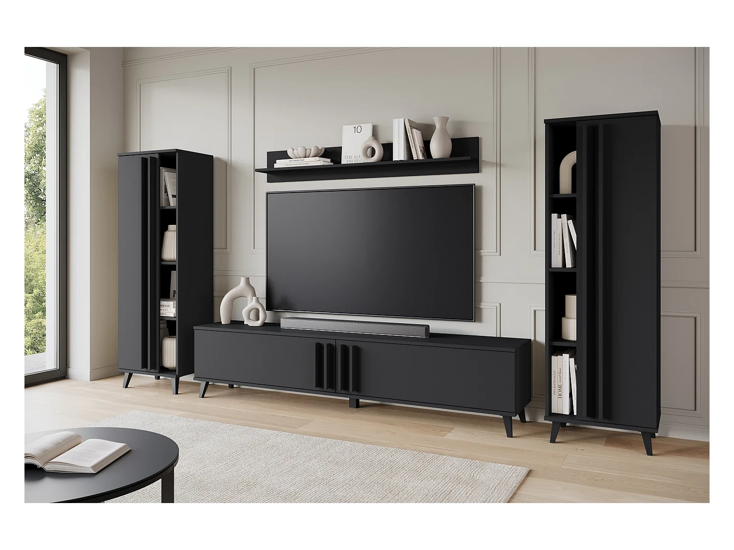 Meuble mural 180 cm pour salon sur pieds – ensemble TV moderne avec étagères et tablette, noir mat