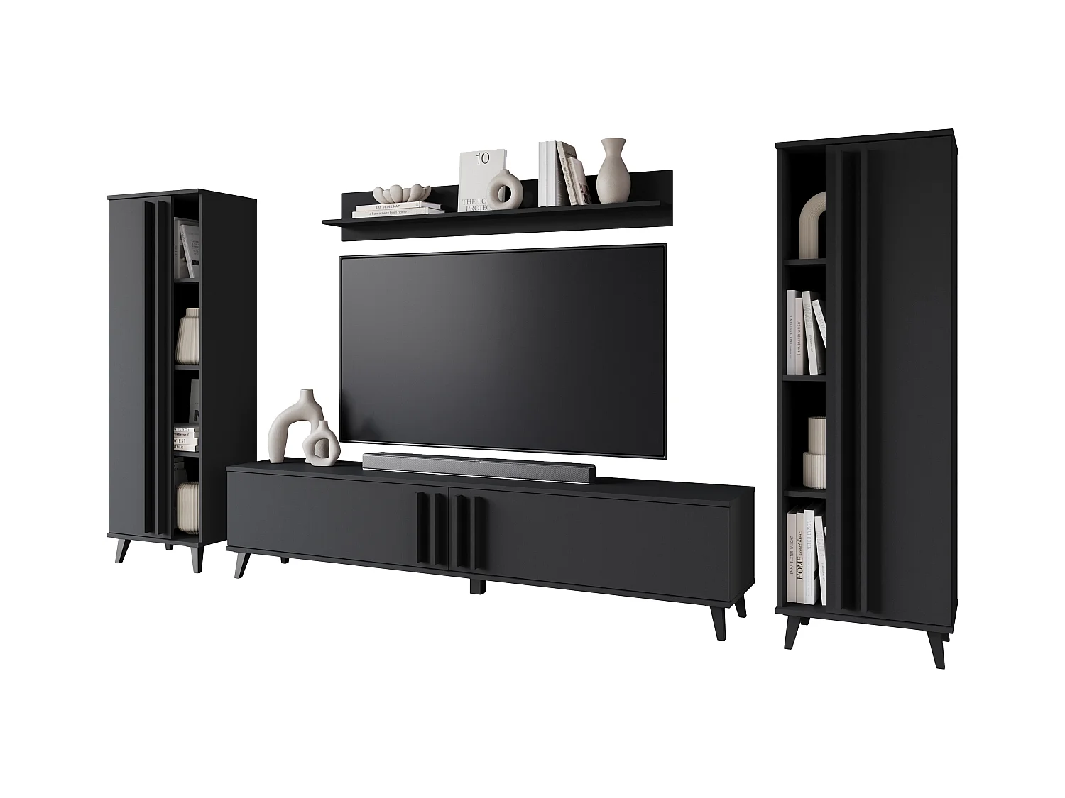 Meuble mural 180 cm pour salon sur pieds – ensemble TV moderne avec étagères et tablette, noir mat